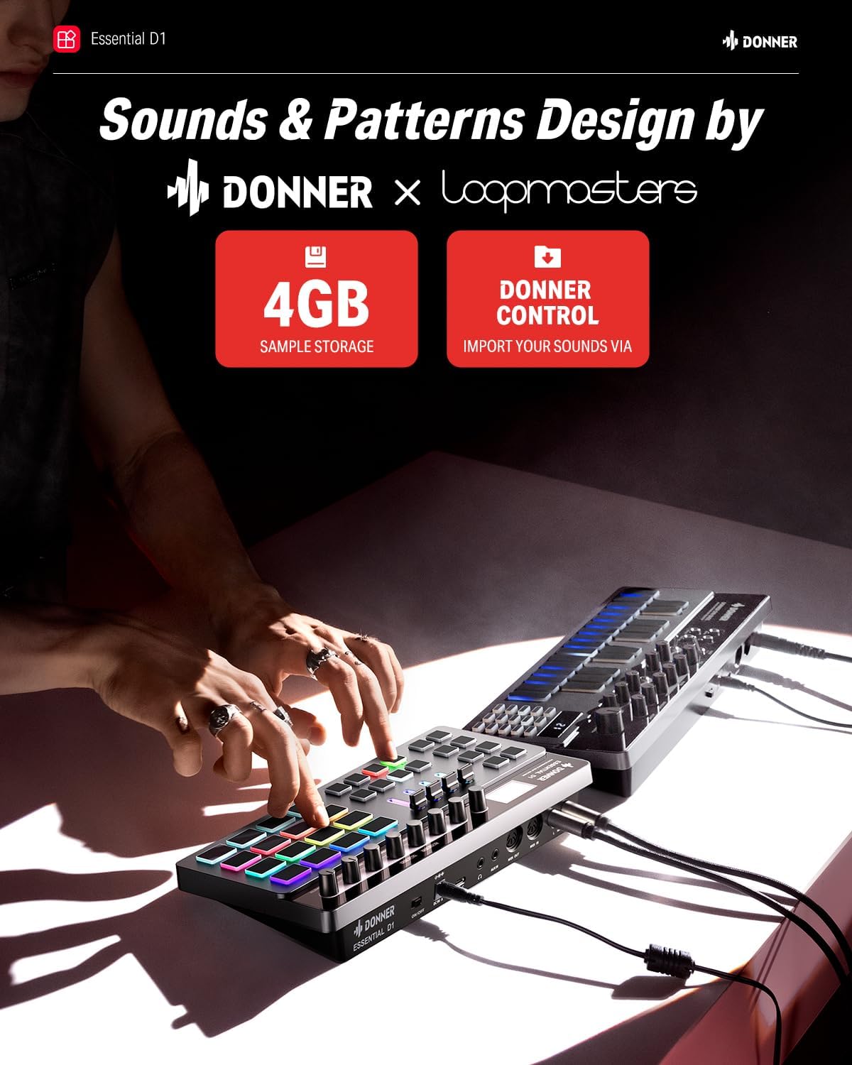 Donner Essential D1 Performance Beat Machine, Step Sequencer& Finger Drum Machine Combined, with LCD Display, 16 RGB Beat Pads, 5 Endless Encoders, 12 Tracks Sample, Reverb& Delay Effects - Image 5