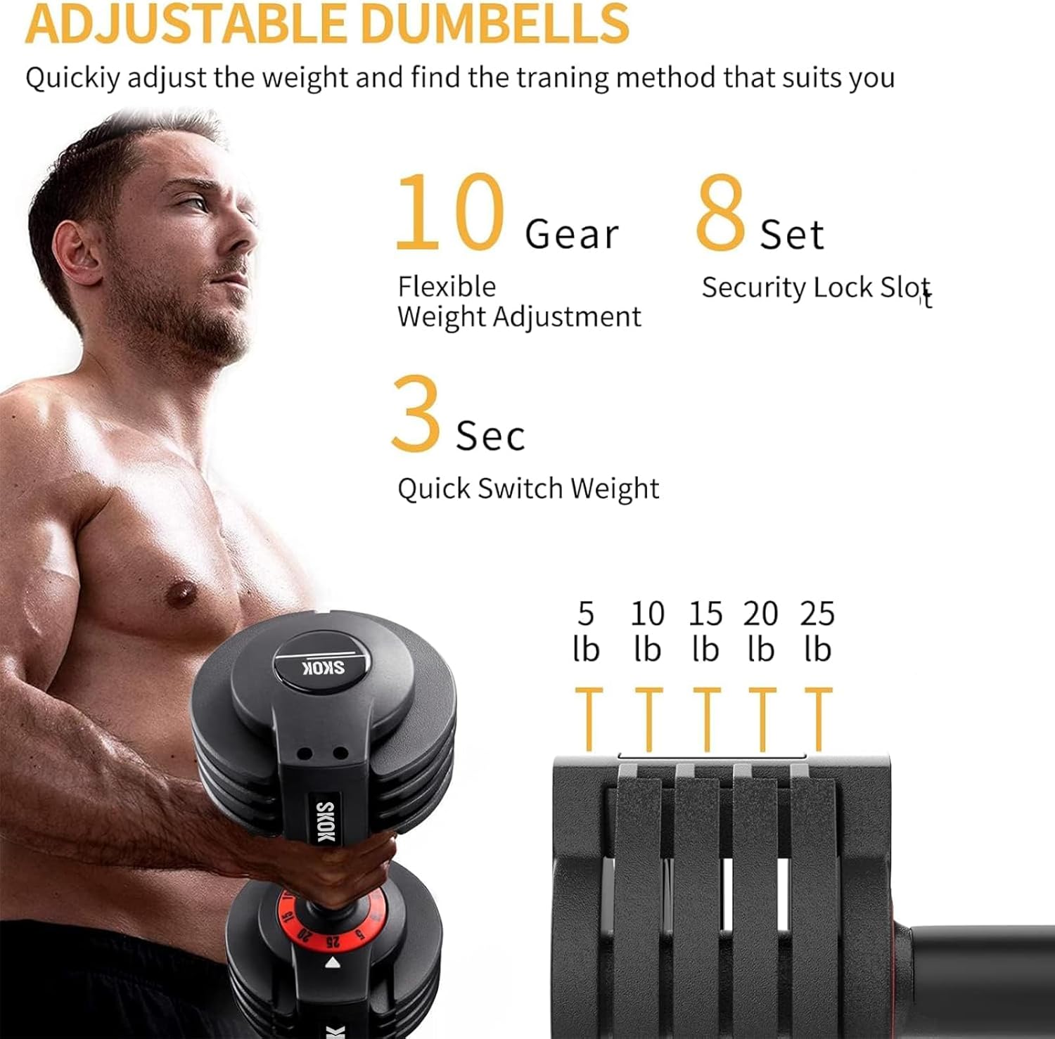 SKOK 25/55 lbs Pair Adjustable Dumbbells Set, Adjustable Weights Dumbbells Set for Men and Women with Anti-Slip Fast Adjust Weight by Turning Handle,Black Dumbbell with Tray - Image 3