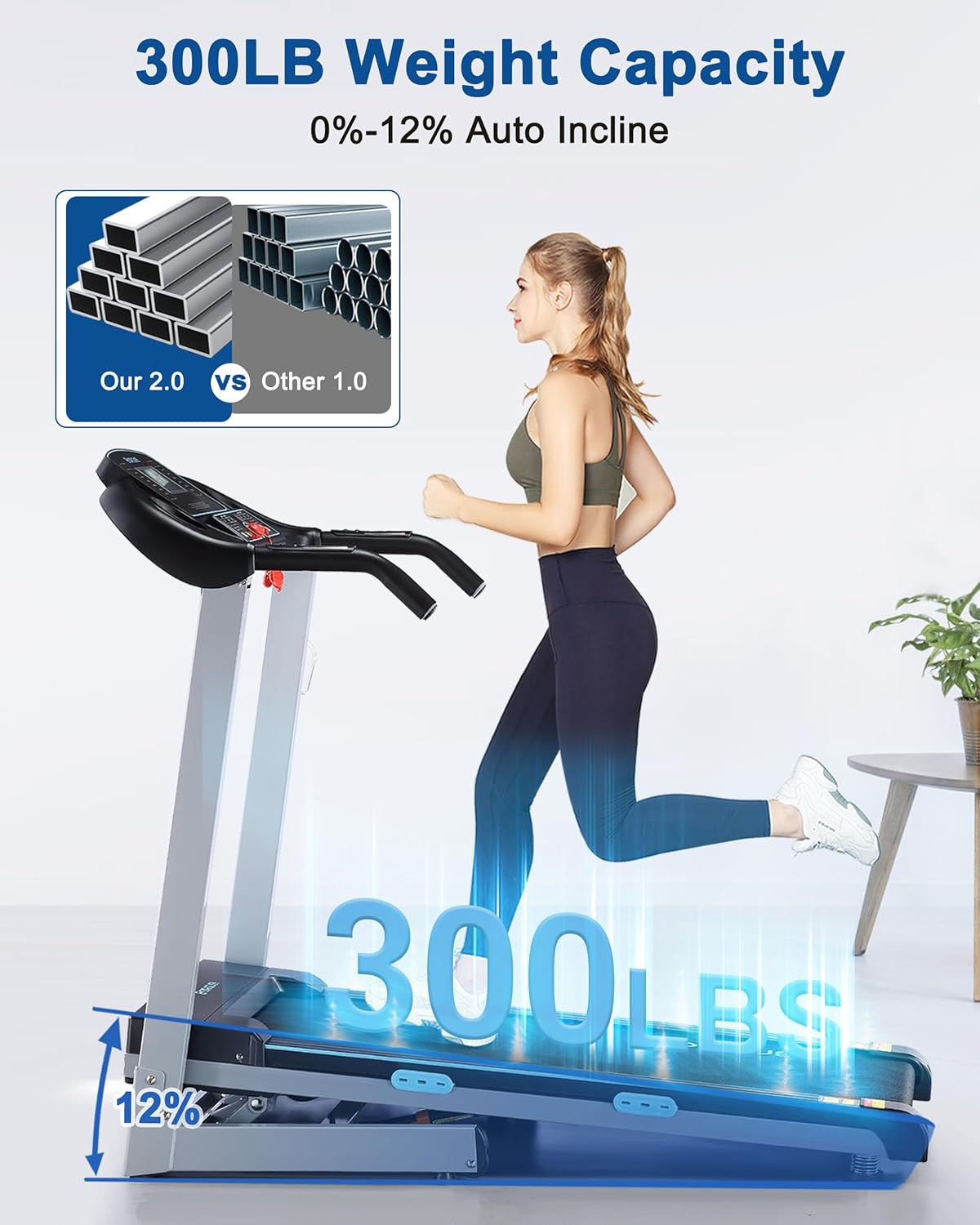 Treadmill with Auto Incline - 300 lb Capacity, 3.0HP Folding Electric Treadmill Up to 8.5 MPH Speed, Running Machine with 17.5" Wide Tread Belt and Bluetooth Speaker for Home Use - Image 2