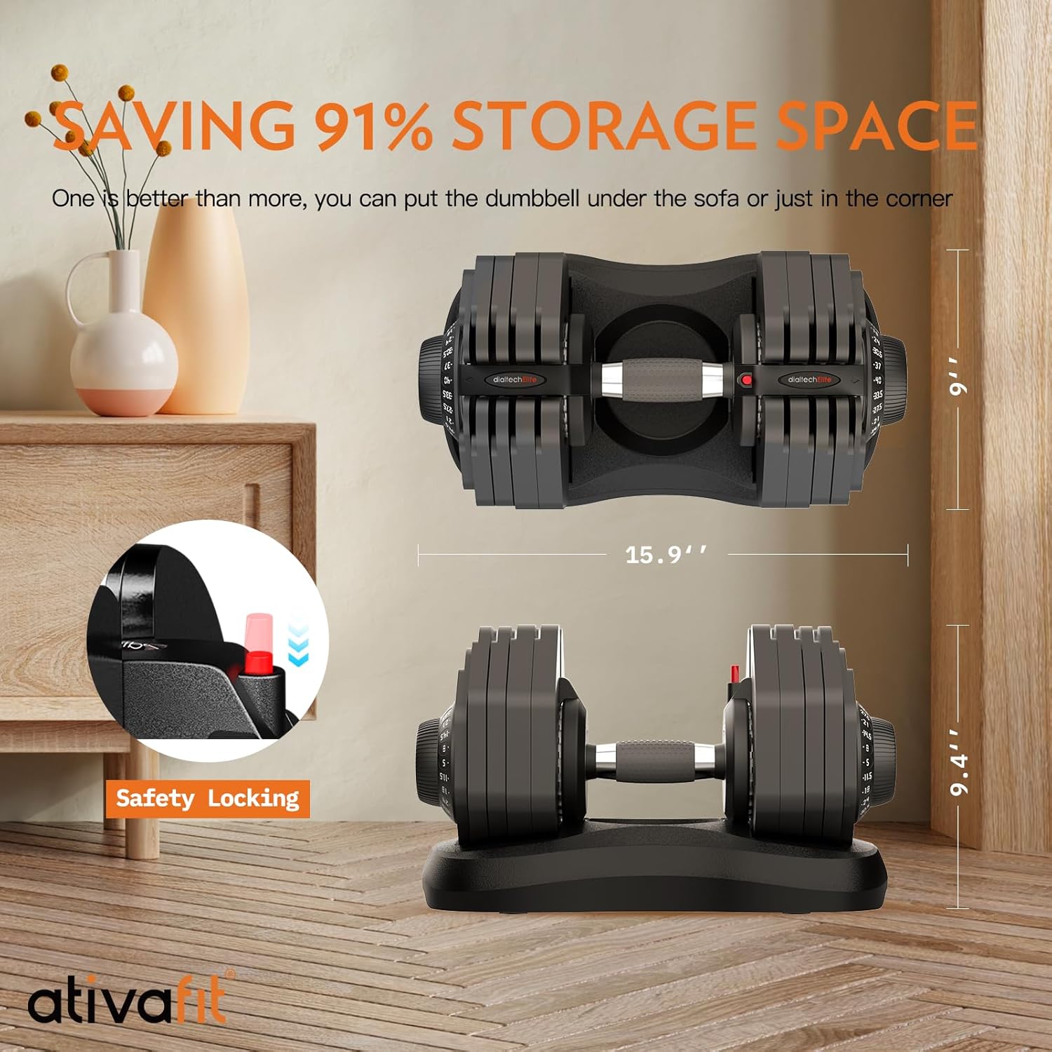 Ativafit 27.5/66/88LBS Pair Adjustable Dumbbell Set with Anti-slip Handle 12 In 1 Quick Dial Adjustment Weights With Safety Locking Button Space Saving Strength Training for Full Body Home Gym Workout - Image 5