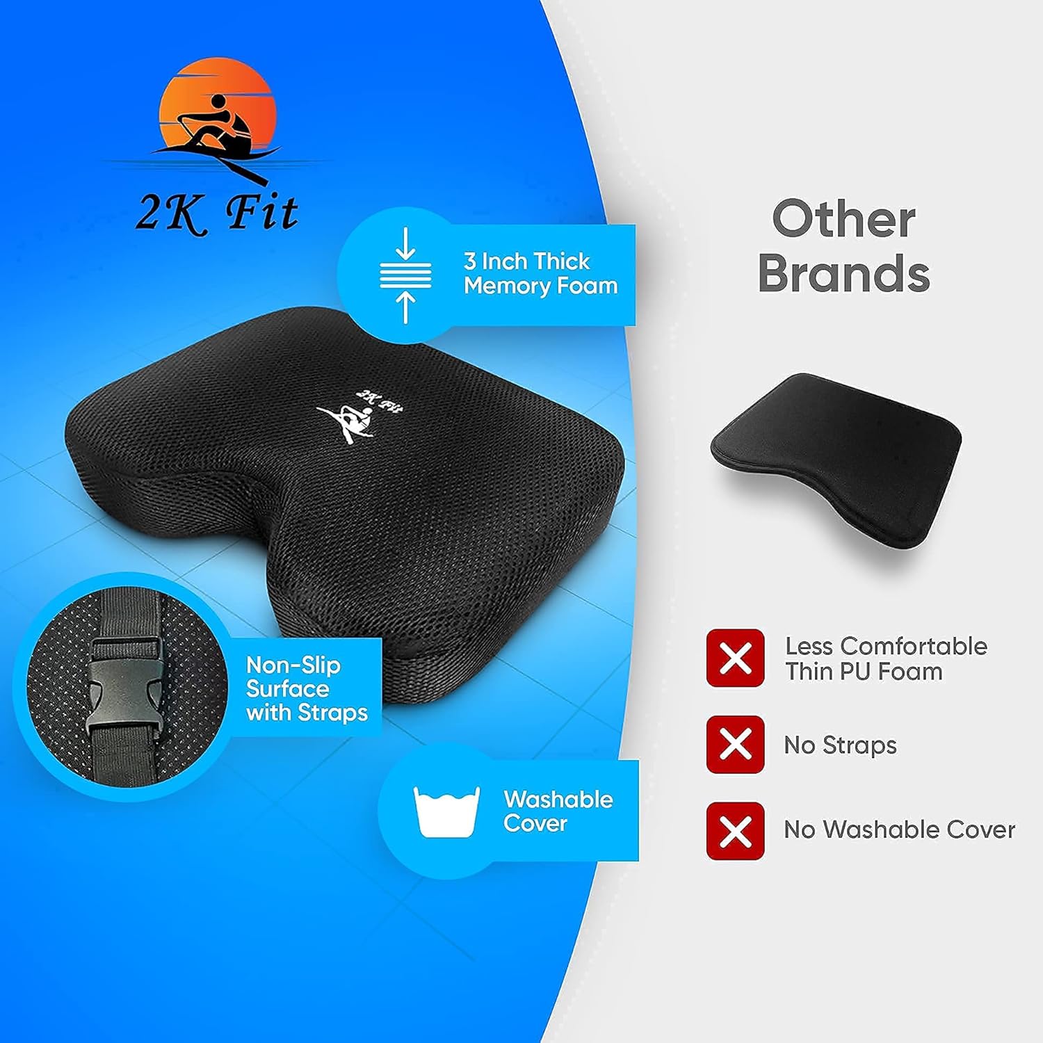 Rowing Machine Seat Cushion (Model 2) for The Concept 2 Rowing Machine with Custom Memory Foam, Washable Cover, and Straps- Concept 2 Rower, Recumbent Stationary Bike, WatterRower Seat Pad - Image 5
