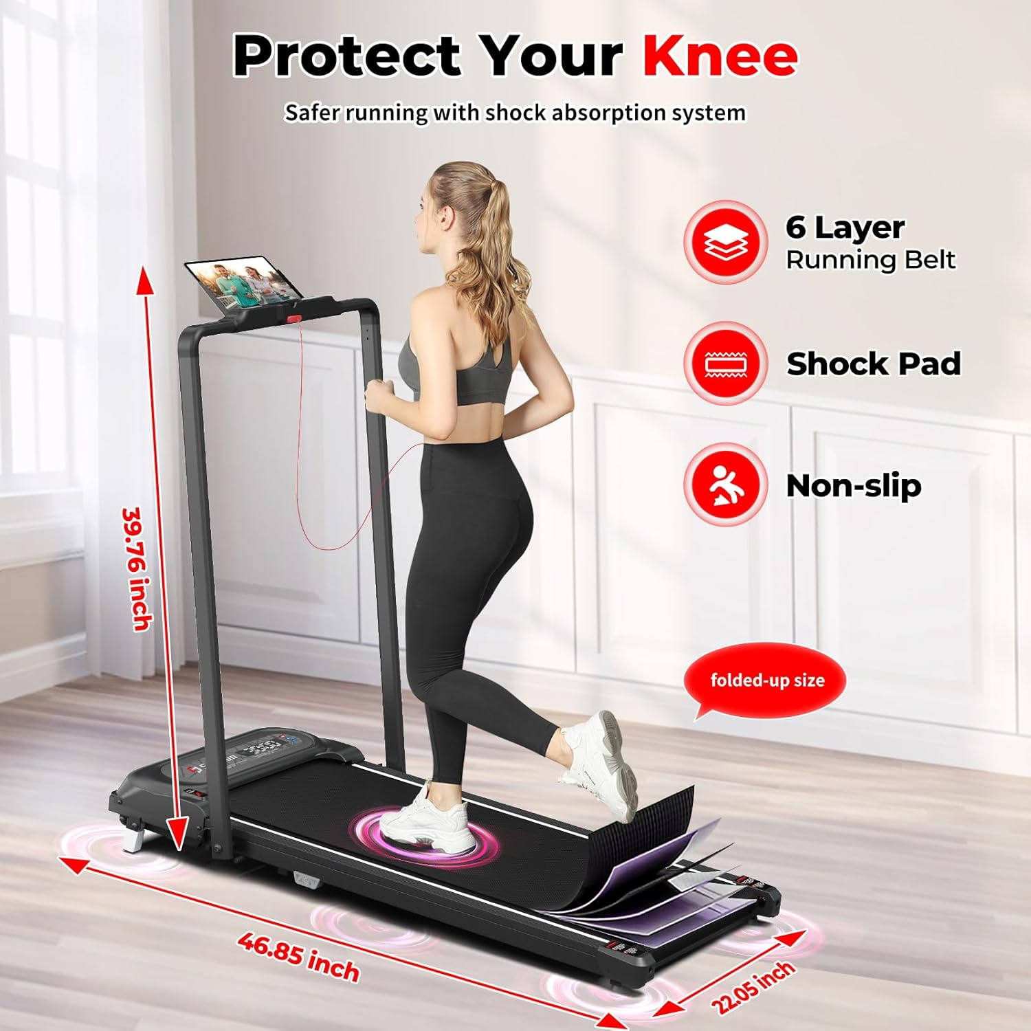 SubSunFolding Treadmill, Walking Pad with Handle, Under Desk Portable Treadmill for Home, Black/White - Image 5