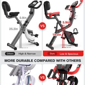 pooboo Folding Exercise Bike, Foldable Upright Stationary Bike, Indoor Cycling Magnetic X-Bike with 8-Level Adjustable Resistance, 6.6 LBS Flywheel, 300LB Capacity, Bottle Holder & Back Support Cushion for Home Gym