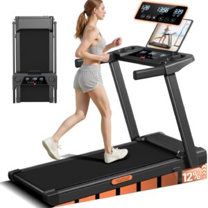 12% Incline Treadmill with Handle, 3-in-1 Portable Treadmills for Home and Office, Foldable Treadmills with 300 Lbs Weight Capacity, 3.0HP Quiet Walking Pad Treadmill, Three Touch Screen