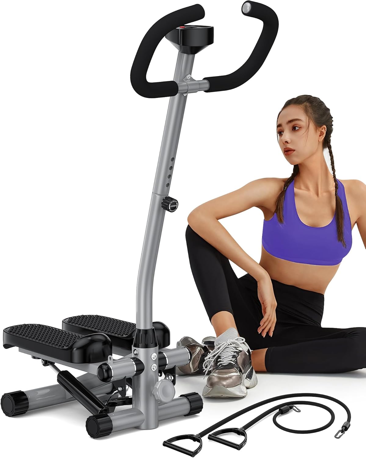 Amicus Mini Stepper with Handlebar for Exercise, Stair Stepper with Resistance Band, Hydraulic Fitness Stepper Machine for Home, 330lbs Weight Capacity