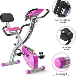 Folding Exercise Bike Portable Upright Adjustable Backrest Cycling Recumbent Stationary Bike Slim Indoor Workout Fitness Cardio Foldable Exercise Bicycle Machine with Pulse Sensor LCD Monitor Arm Resistance Bands