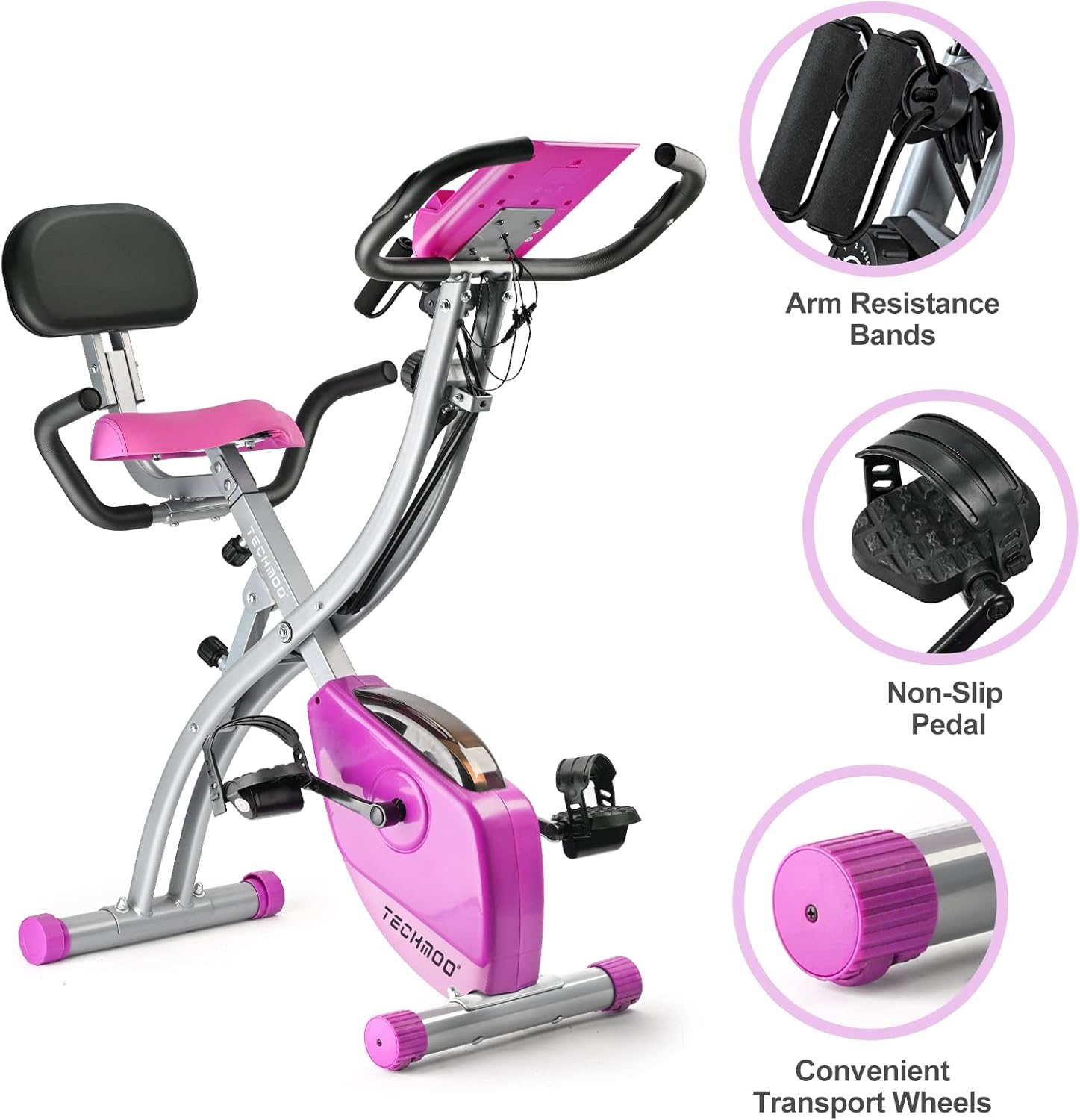 Folding Exercise Bike Portable Upright Adjustable Backrest Cycling Recumbent Stationary Bike Slim Indoor Workout Fitness Cardio Foldable Exercise Bicycle Machine with Pulse Sensor LCD Monitor Arm Resistance Bands - Image 2