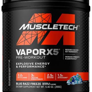 MuscleTech Pre-Workout Powder, Vapor X5 – Sports Nutrition Muscle Building Supplements for Women & Men – Intense Muscle Pump Energy Powder Drink Mix – Blue Razz Freeze, 266g (30 Servings)