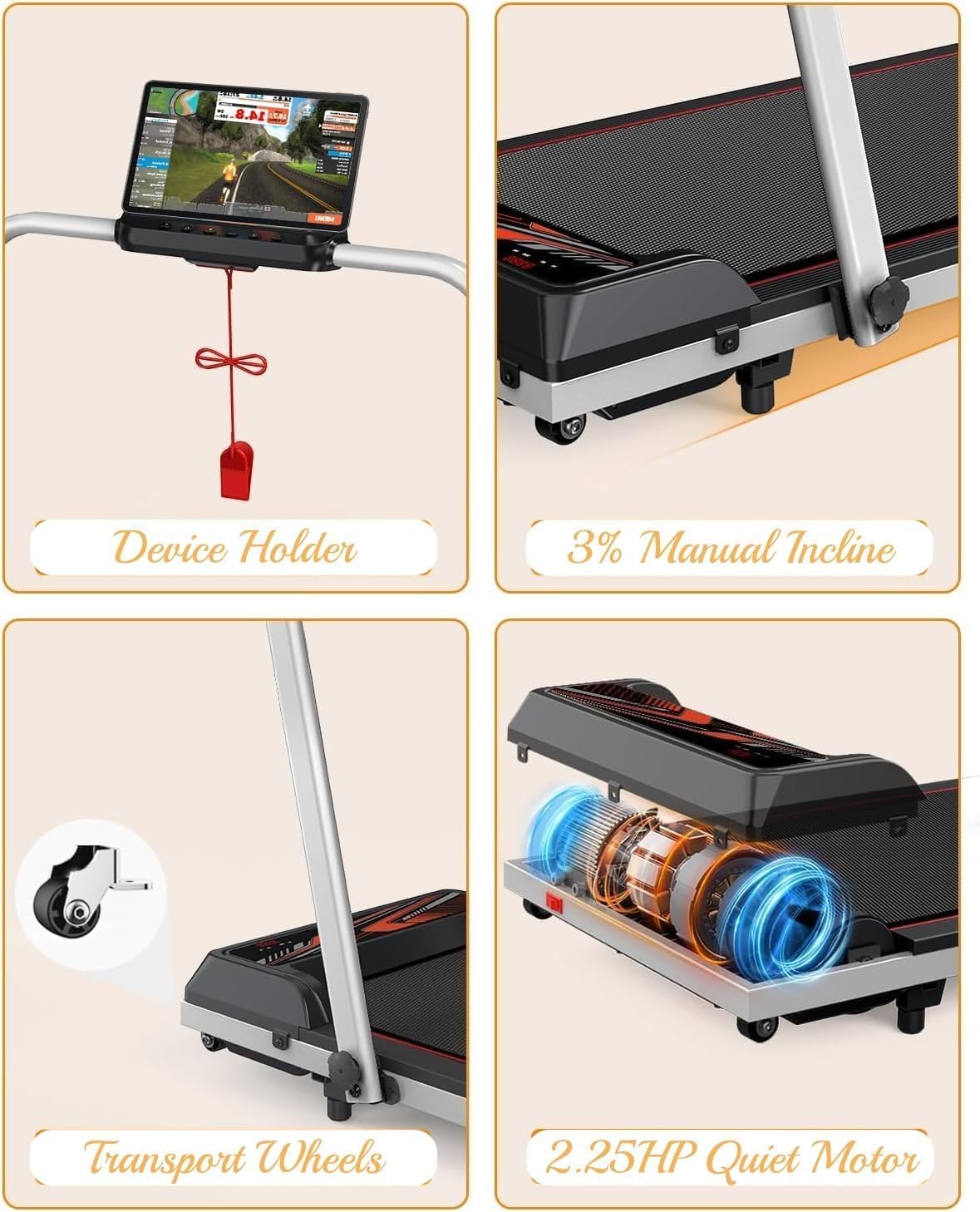 Treadmill with Handles, 2.5HP Walking Pad Treadmills with Handle Bar, Under Desk Treadmill with Remote Control LED Display, Electric Treadmills for Home Small, 270LBS Capacity - Image 4