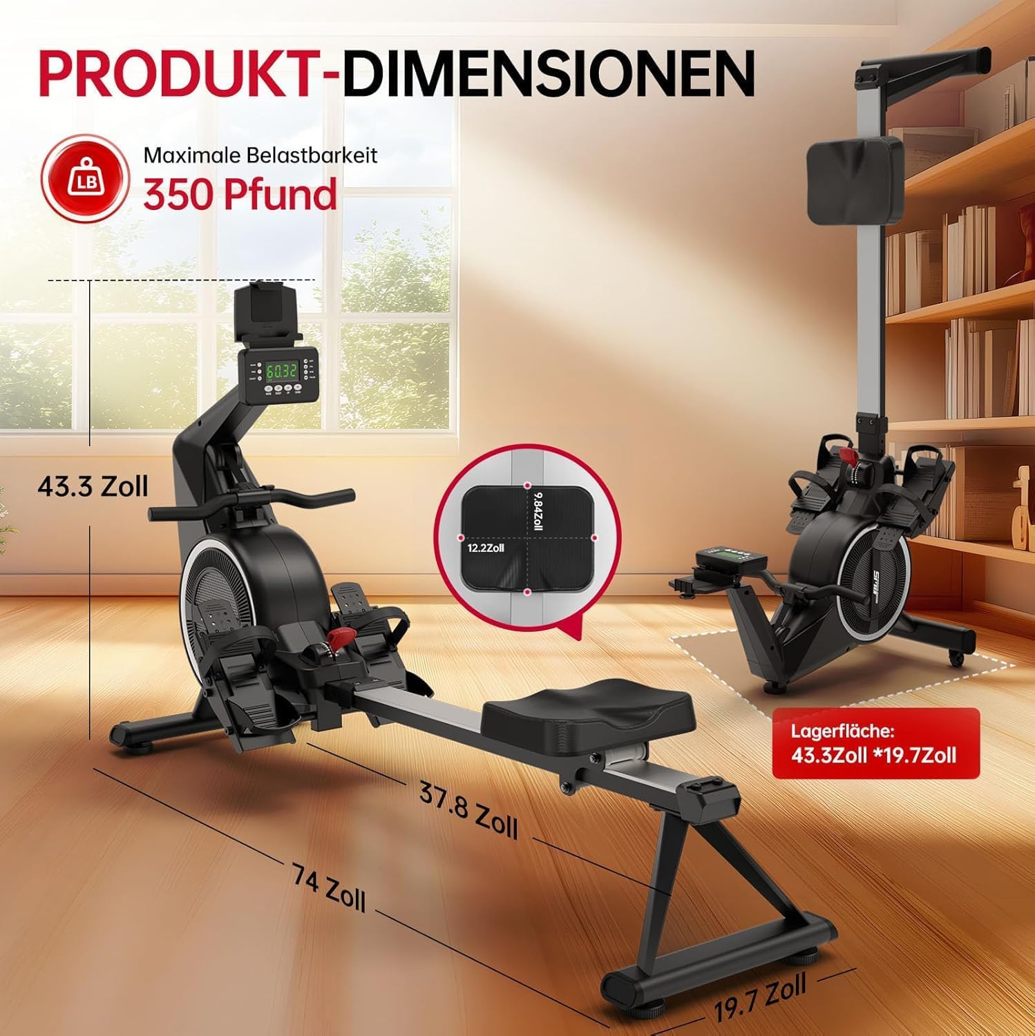 Air Magnetic Rowing Machines for Home BW5 Commercial Rower Machine Max Load 350LB 10-Level Resistance Easy Assembly Bluetooth LED Monitor Adjustable Tablet Stand Fit for Whole Family - Image 4