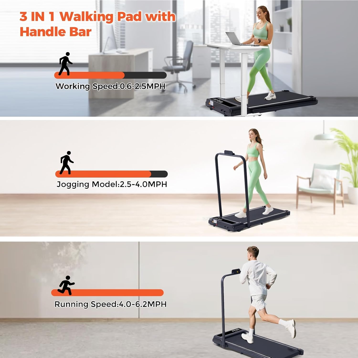 Folding Walking Pad Treadmill with Handle Bar, 3.5HP Compact Portable Foldable Walking Pads Treadmill with Handles, Electric Small Treadmills for Home Office Apartment, LED Display, 400 LBS Capacity - Image 2