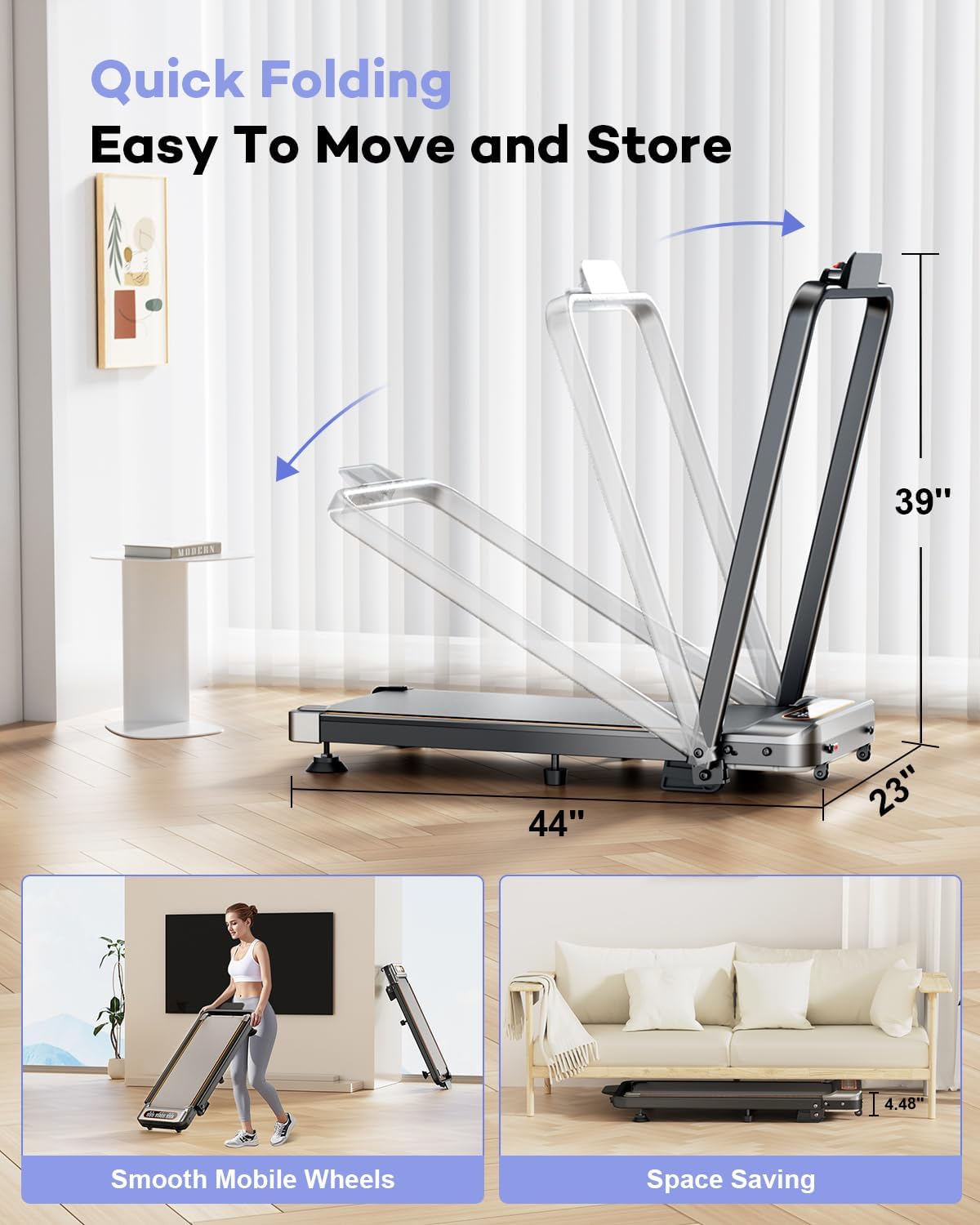 Foldable Treadmill with 8% Incline, Upgrade 3.5HP Low Noise Walking Pad Treadmill with Handle Bar, Trisomy 4 in 1 Portable Under Desk Treadmills for Home/Office, 330 Lbs Capacity, APP & Remote Control - Image 5