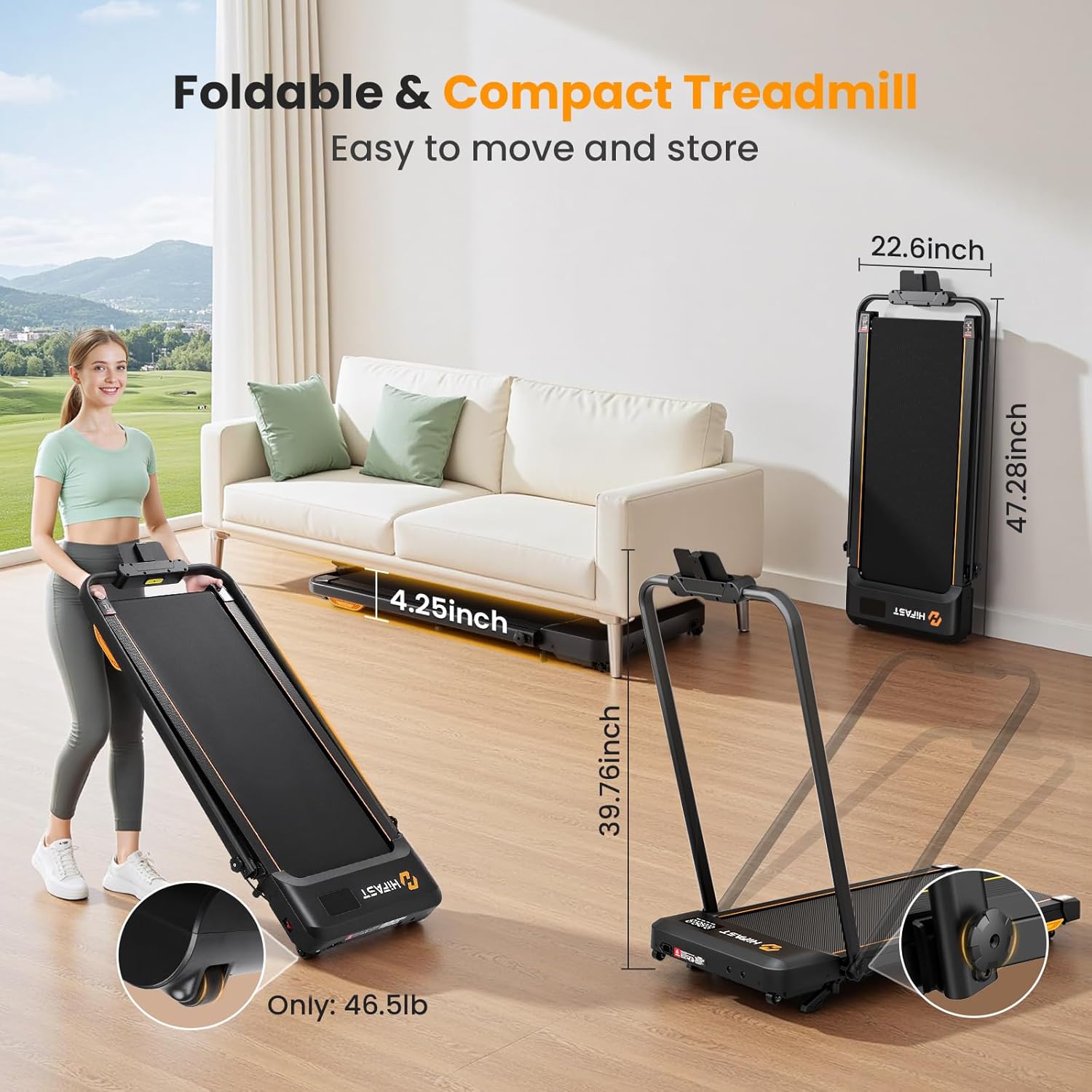 Walking Pad Treadmill, 3 in 1 Foldable Under Desk Treadmills for Home Office, Small Walking Pad with Incline Handle Bar, 300lbs Capacity 2.5HP Portable Running Machine with APP Remote Control - Image 6