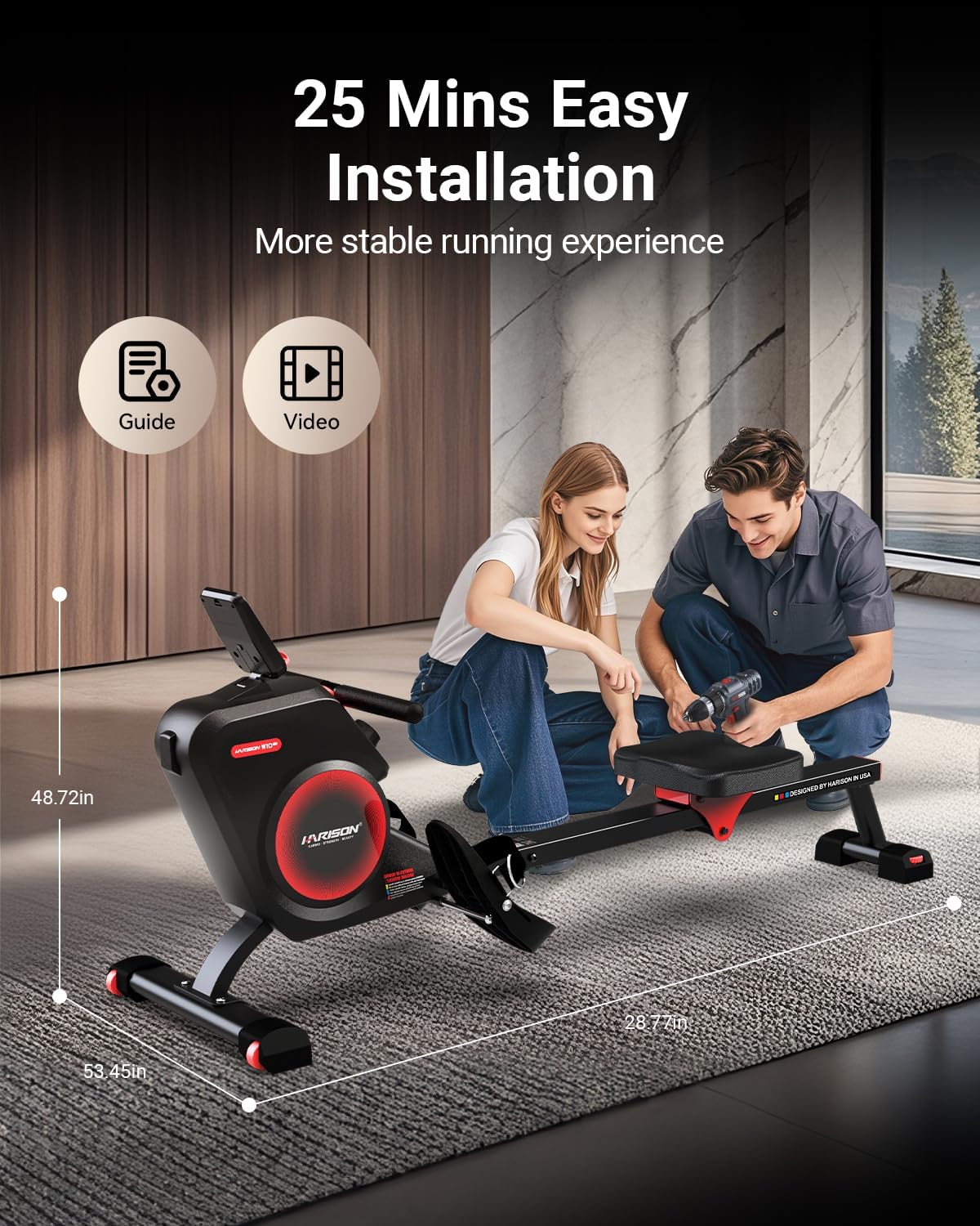 HARISON Rowing Machines for Home, Magnetic Rower Machine with US Mute System, Bluetooth, App Supported, Smooth & Quiet Slide Rail,350 LB Weight Capacity and Free Courses - Image 7