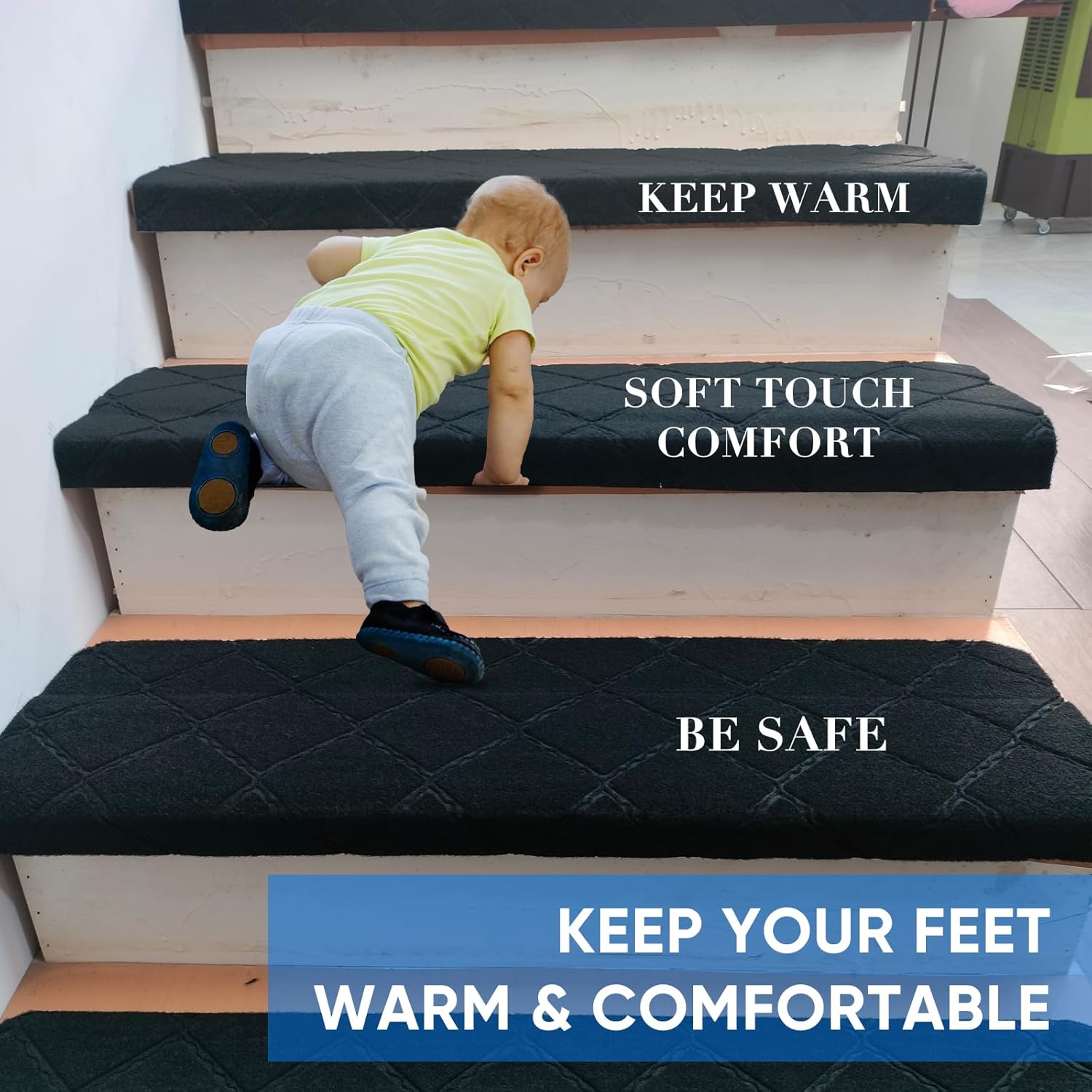 9"X36" Bullnose Stair Treads Carpet Non-Slip for Wooden Steps Indoor, Machine Washable and Reusable with Tape Free Self-Adhesive Back for Pets, Set of 15, Black - Image 3