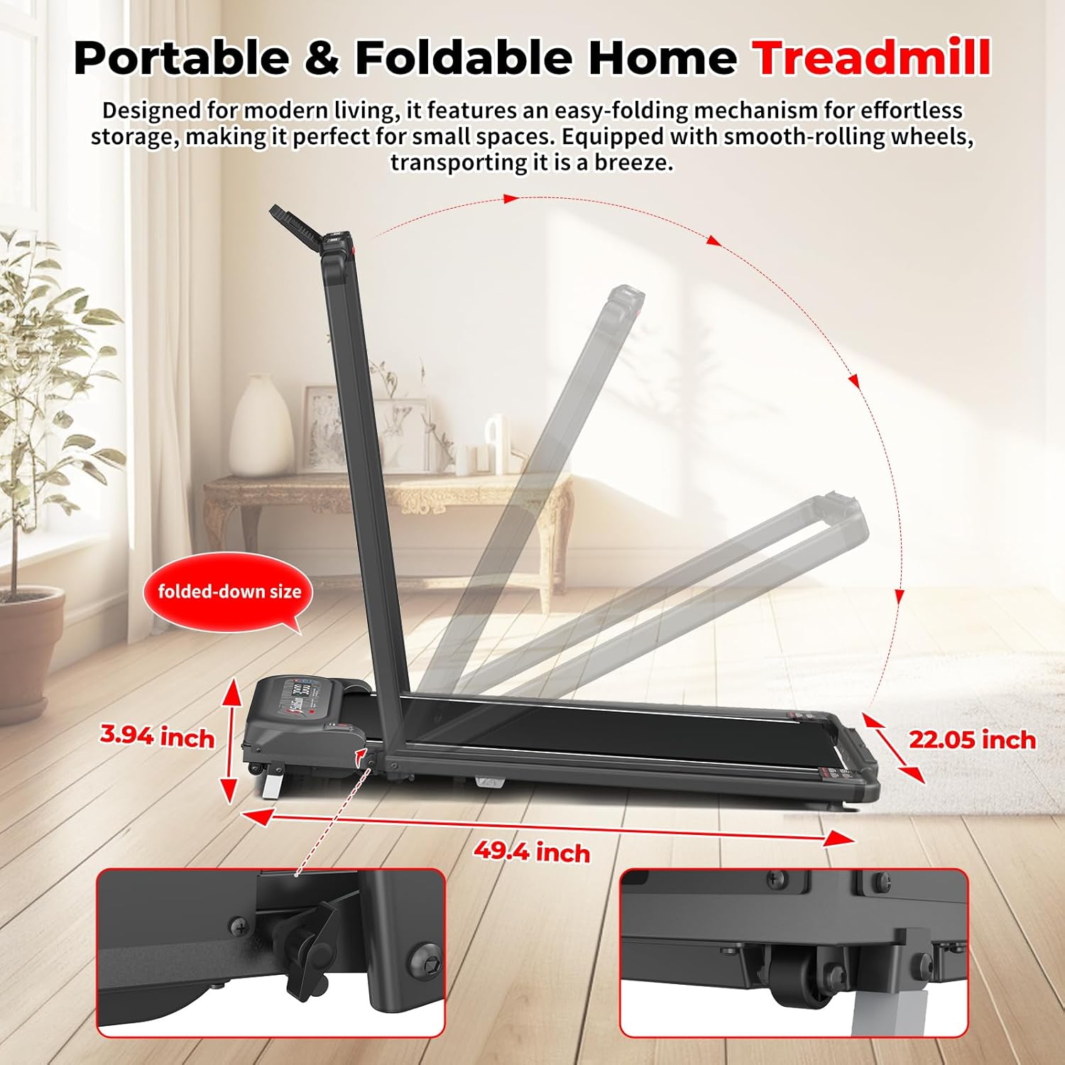 SubSunFolding Treadmill, Walking Pad with Handle, Under Desk Portable Treadmill for Home, Black/White - Image 6