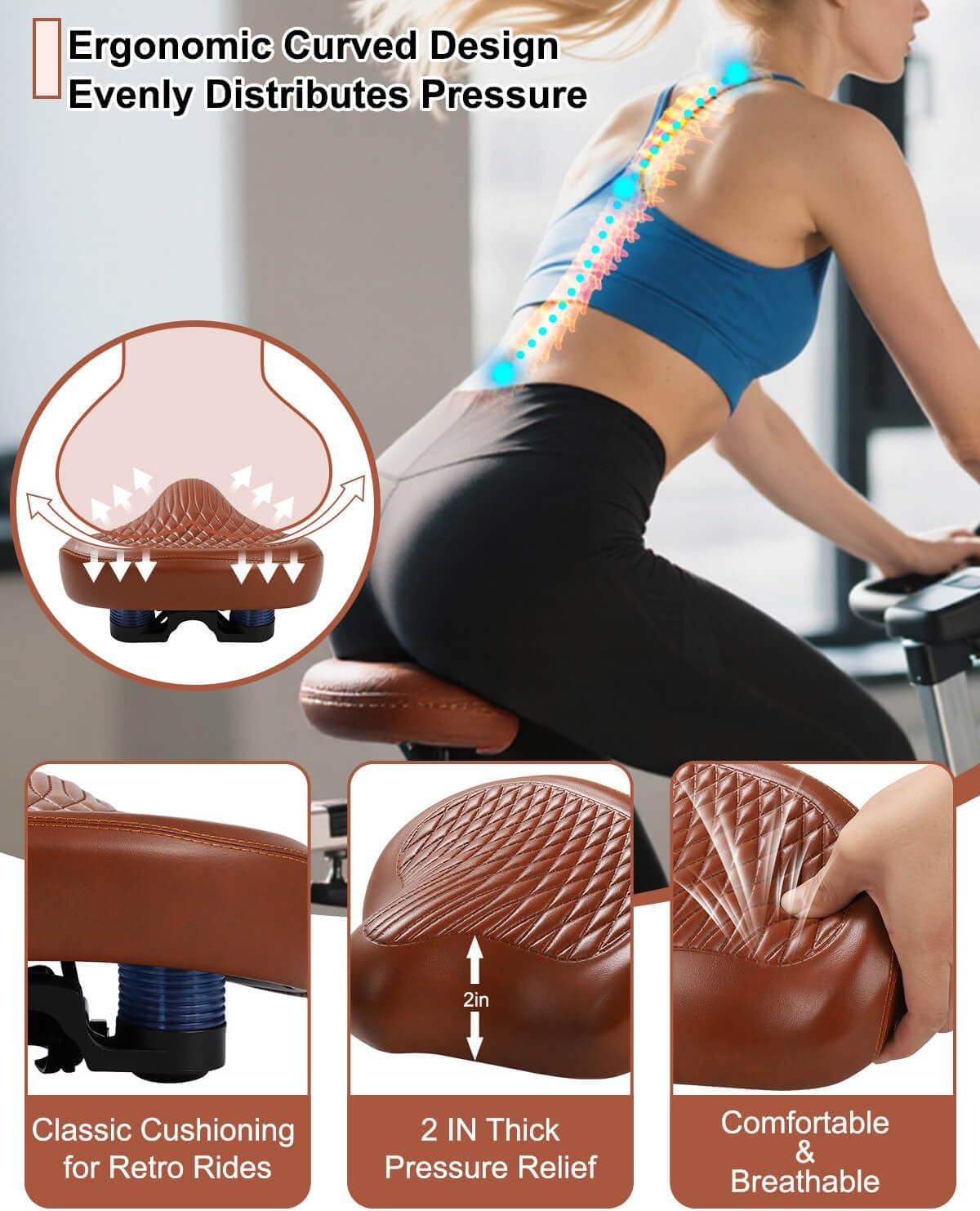 Wide Bike Seat for Women Men, Comfort Soft Vintage Padded Bicycle Saddle Cushion, Large Comfortable Replacement Seat for City, Cruiser, Ebike, Beach & Mountain Bicycle, Scooter, Stationary Bike - Image 3
