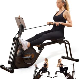 3 in 1 Rowing Machine, Dual Slide Rail 6-Level Adjustable Height with Max 350lb Weight Capacity, Home Fitness Rower for Full Body Workout, App Compatible