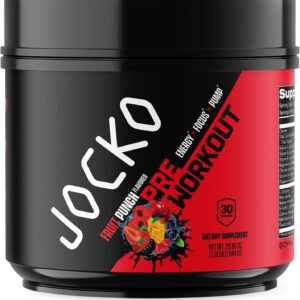 Jocko Fuel Pre Workout for Men & Women – High Stim Low Sugar Blend with Beta Alanine + L-Citrulline, Support Muscle Pump, Energy, & Recovery, 200mg of Caffeine Fruit Punch, 30 Servings 1.31lbs (594 G)