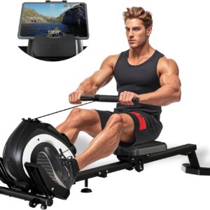 Magnetic Rowing Machine for Home | Adjustable 8-Speed Booster | Burn Fat & Sculpt Muscles | Supports Up to 265 LBS | Phone/Tablet-Ready Design