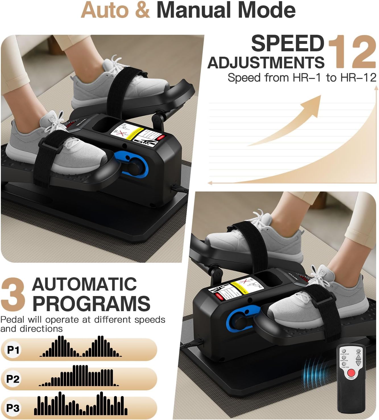 Portable Under Desk Elliptical Machine with Wireless Remote, 12 Manual & 3 Automatic Speeds, Pedal Ellipse Leg Exerciser,Leg Exerciser While Sitting for Seniors, Adults, Home, Office - Image 3