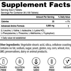 – Advanced Amino Formula Tablets, Amino Acid Supplement, Build Muscle, Post Workout Recovery, Energy, Stamina, Non-GMO, Gluten Free, Dairy Free, Vegan (150 Tablets)
