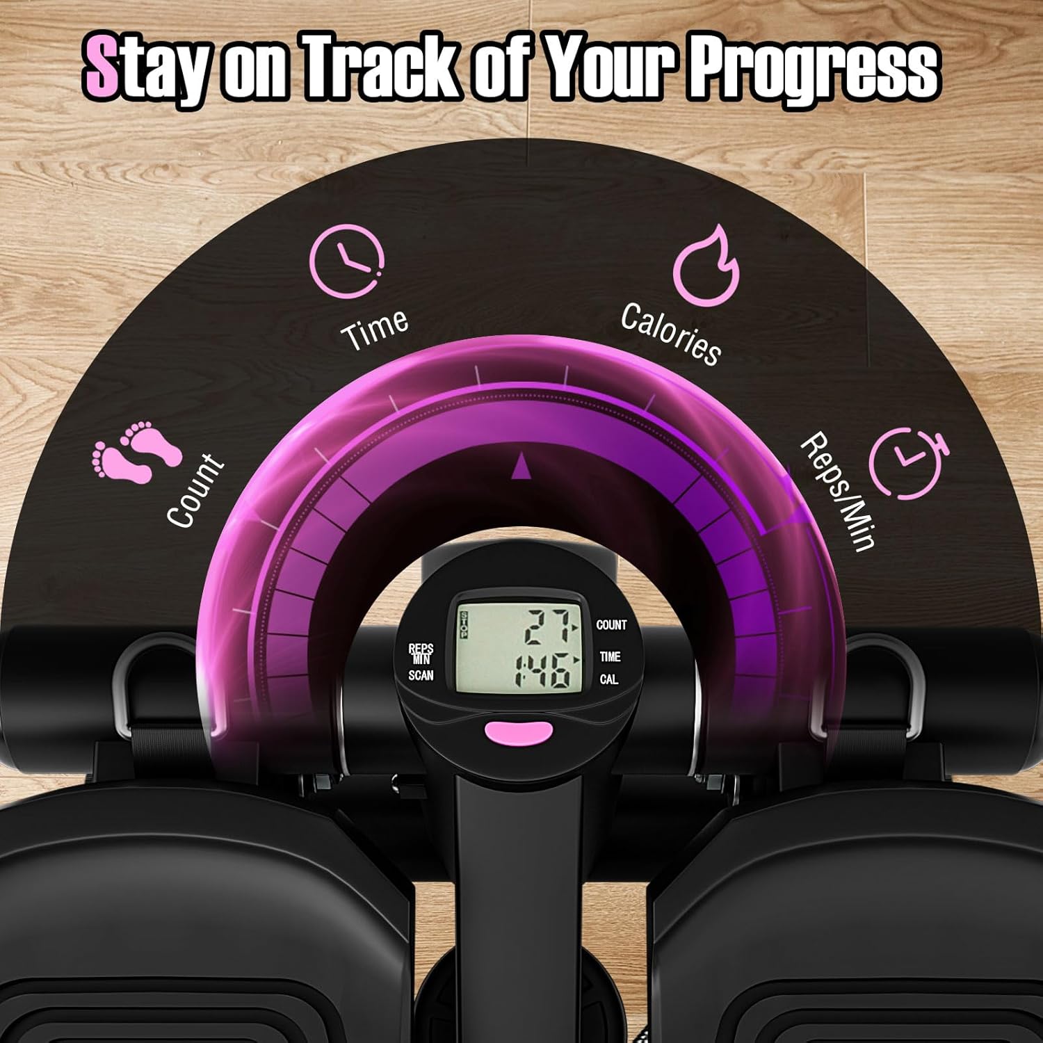 Goplus Steppers for Exercise at Home, Intensity Adjustable Hydraulic Mini Stepper w/Resistance Bands & LCD Monitor, Quiet & Portable Small Cardio Exercise Machine for Home Office or Under Desk - Image 3