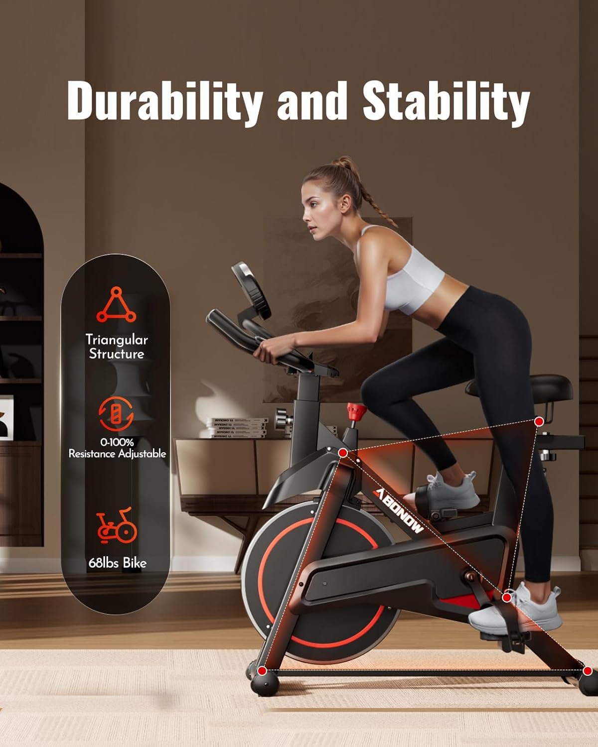 Exercise Bike, Low Noise Stationary Bikes for Home, Adjustable Brake Pad Indoor Cycling Bike, 300lbs Capacity Compact Workout Bike with Tablet Mount & Comfortable Padded Seat - Image 4