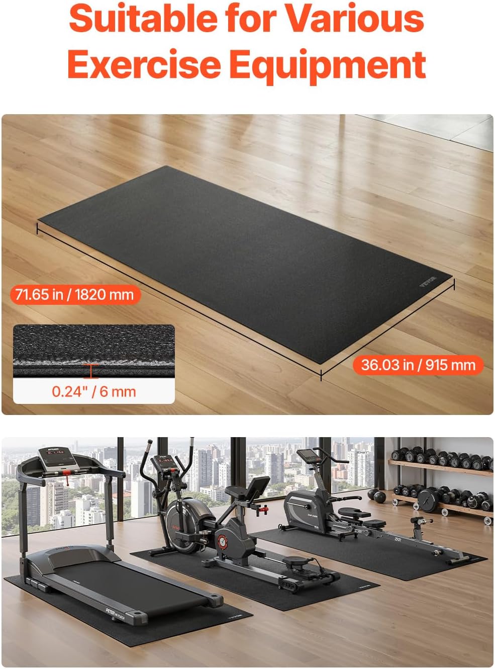 VEVOR Treadmill Mat for Carpet Floor, Exercise Equipment Mat for Treadmills, Stationary & Recumbent Bikes, High Density PVC Floor Protector Gym Mats, Waterproof and Non-Slip for Home Gym - Image 2