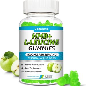 HMB and L-Leucine Gummies, 4000mg HMB and Leucine Supplements Amino Acid Gummies for Men & Women, Support Muscle Growth, Muscle Relief and Workout Recovery, Sugar-Free, Vegan, Apple Flavor, 60 Count