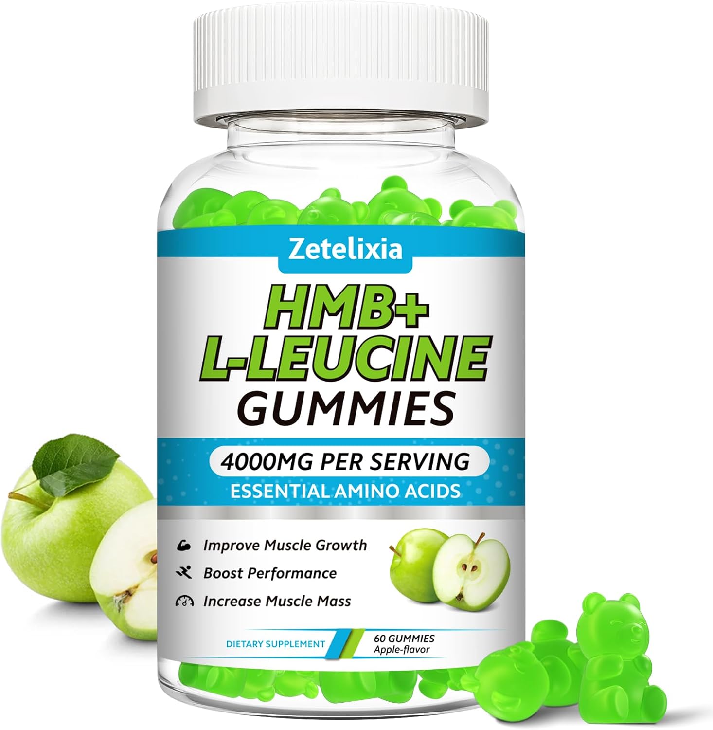 HMB and L-Leucine Gummies, 4000mg HMB and Leucine Supplements Amino Acid Gummies for Men & Women, Support Muscle Growth, Muscle Relief and Workout Recovery, Sugar-Free, Vegan, Apple Flavor, 60 Count