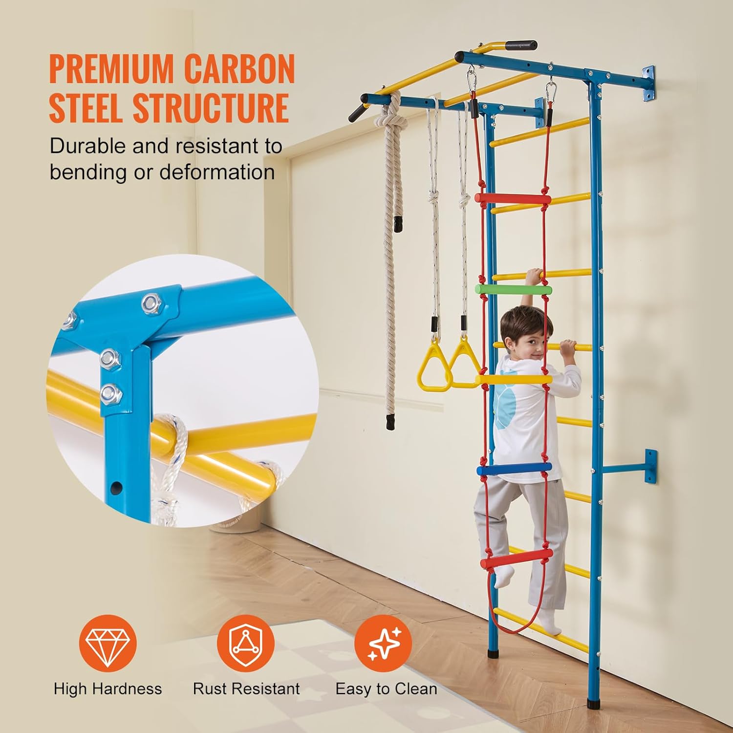 VEVOR Indoor Jungle Gym for Toddlers, 5-in-1 Climbing Playset with Carbon Steel Swedish Ladder, Wall Ladder, Pull-Up Bar, Rope Ladder, and Gymnastic Rings, Supports 220 lbs, Multicolor - Image 4