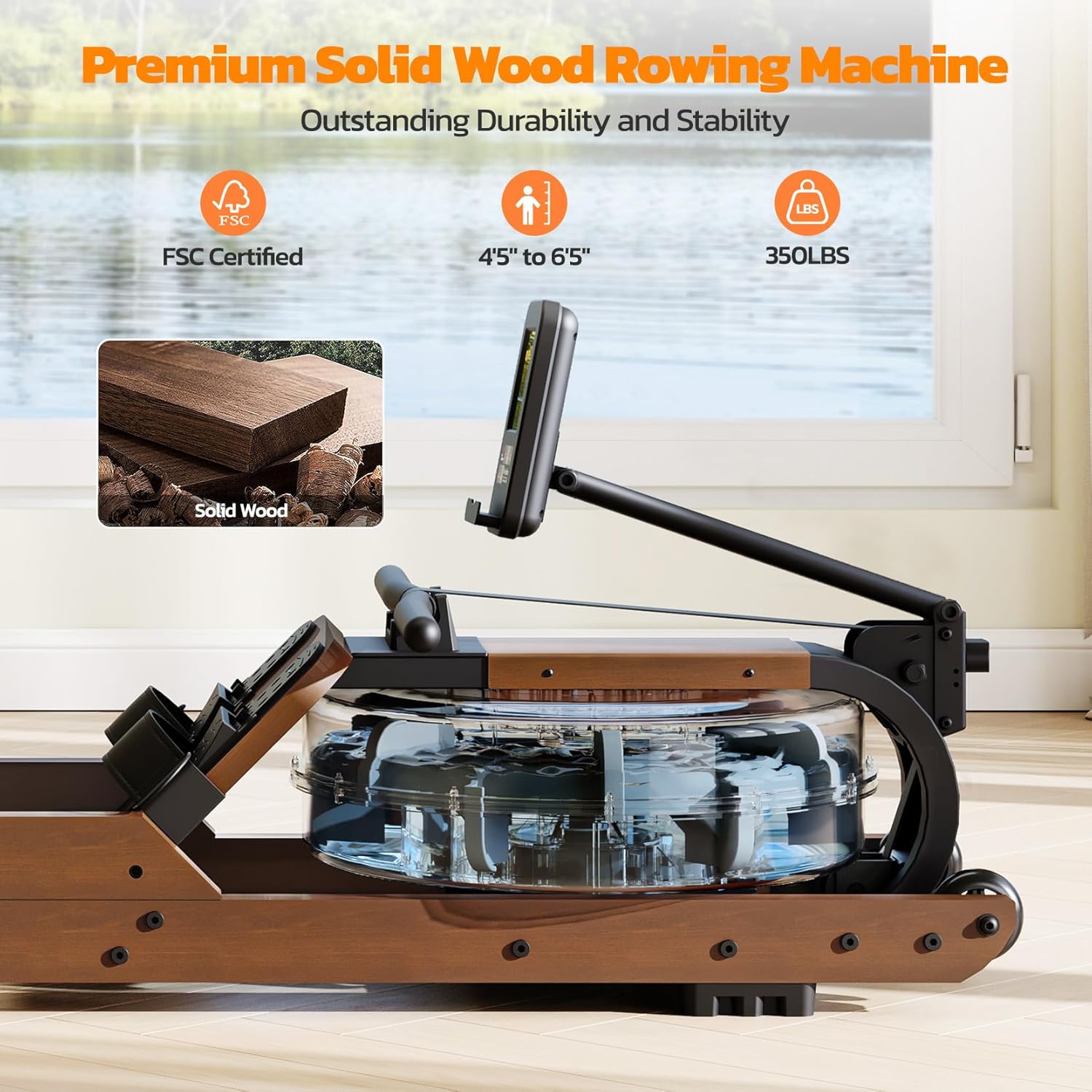Dripex Rowing Machines for Home Foldable, Water Rowing Machine Max 350 LBS, Water Rower with Smooth Slide Rail, Comfortable Seat, Bluetooth App Supported, LCD Monitor, Wooden Row Machine for Home Gym - Image 3