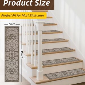 JSEI Stair Treads for Wooden Steps, 15 Pack 8″ X 30″ Non-Slip Machine Washable Carpet Stair Treads with TPE Backing, Soft Indoor Stair Rug Runner for Kids Elders & Pets, 100% Polyester, Beige/Brown