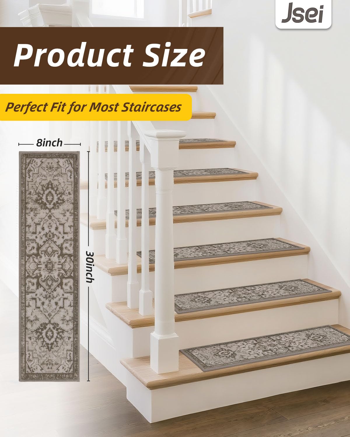JSEI Stair Treads for Wooden Steps, 15 Pack 8" X 30" Non-Slip Machine Washable Carpet Stair Treads with TPE Backing, Soft Indoor Stair Rug Runner for Kids Elders & Pets, 100% Polyester, Beige/Brown - Image 2