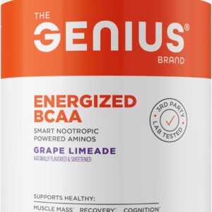 Genius BCAA Powder – 5g Vegan BCAAs L-Glutamine, Cognizin & Rhodiola Muscle Recovery Energy Support 100mg Caffeine Pre, Intra, Post-Workout Nootropic Supplement for Focus & Performance – Grape Limeade