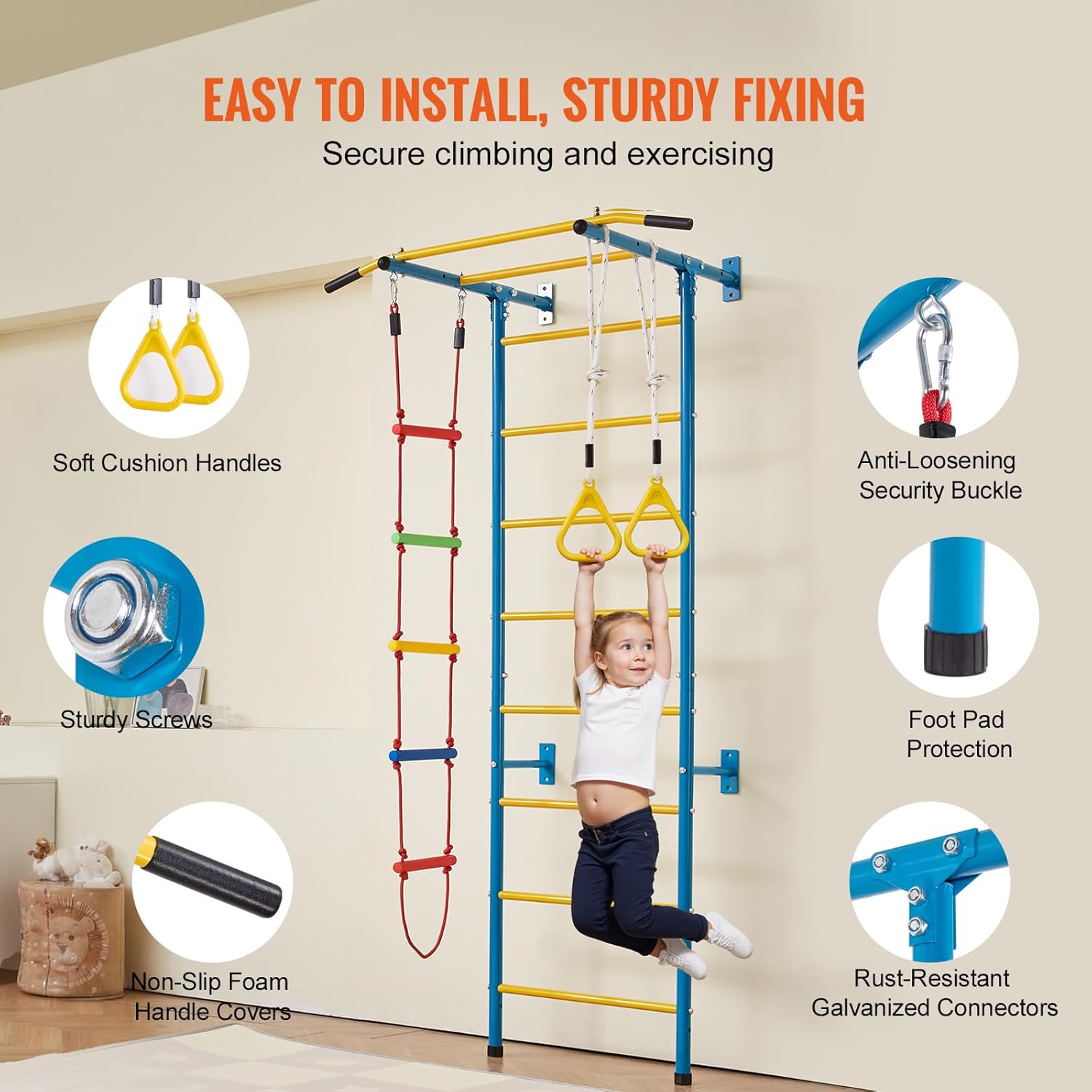 VEVOR Indoor Jungle Gym for Toddlers, 5-in-1 Climbing Playset with Carbon Steel Swedish Ladder, Wall Ladder, Pull-Up Bar, Rope Ladder, and Gymnastic Rings, Supports 220 lbs, Multicolor - Image 6