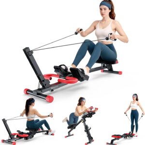 Rowing Machine, 4 in 1 Adjustable Ab Machine with 4 Levels and 4 Heights, Foldable Rowing Machine for Home Gym with LCD Display, 266lbs Weight Capacity
