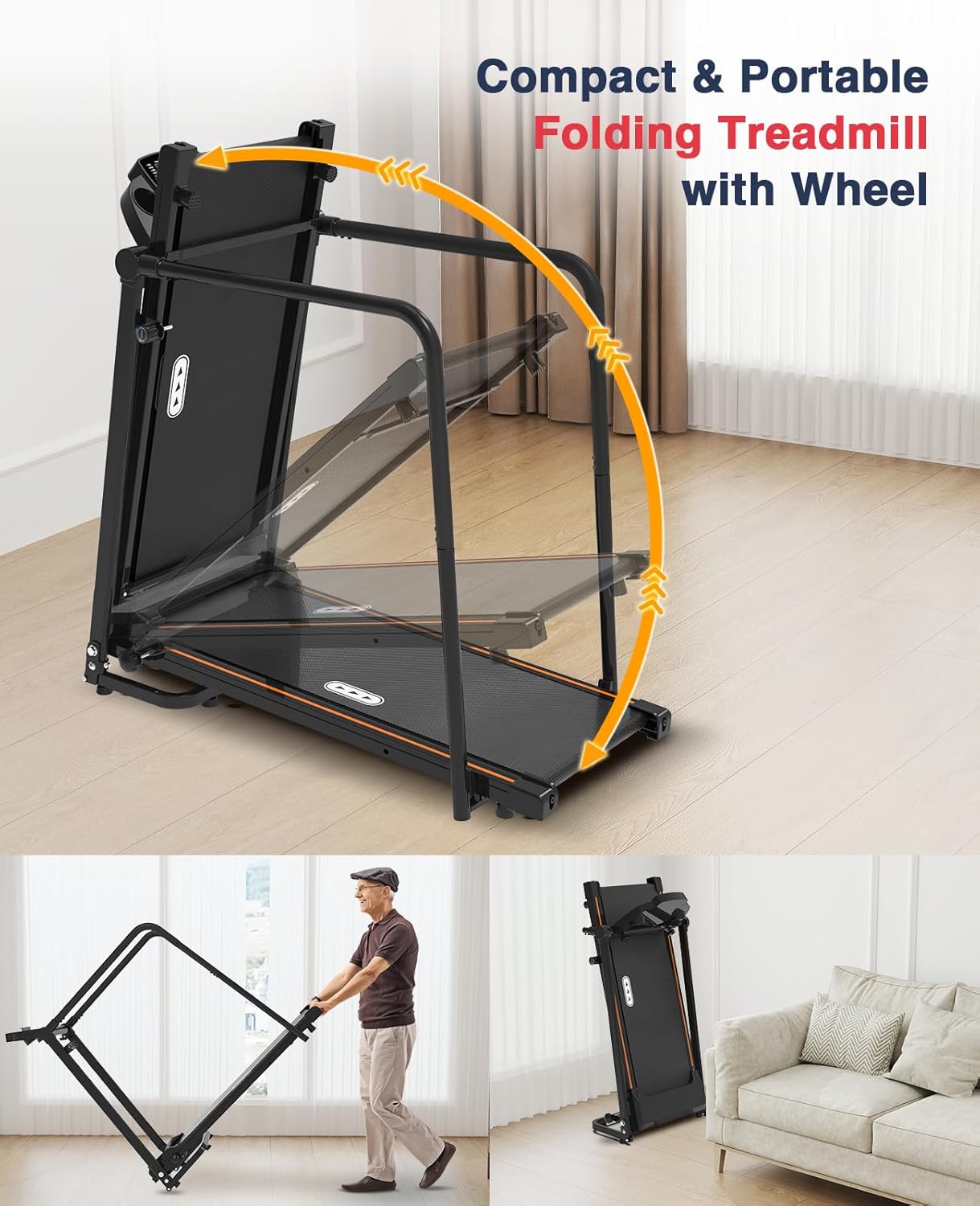 Redliro Walking Treadmill with Long Handrails – Treadmill for Seniors 300 lbs Capacity – Foldable, Lightweight with Wheels, Cup & Phone Holder – Recovery Machine for Home or Apartment - Image 6