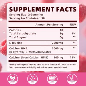 HMB and Leucine Gummies for Men & Women, 3000mg Leucine HMB Amino Acids Supplement for Muscle Growth, Muscle Relief and Workout Recovery, Sugar-Free, Raspberry Flavor, 60 Count