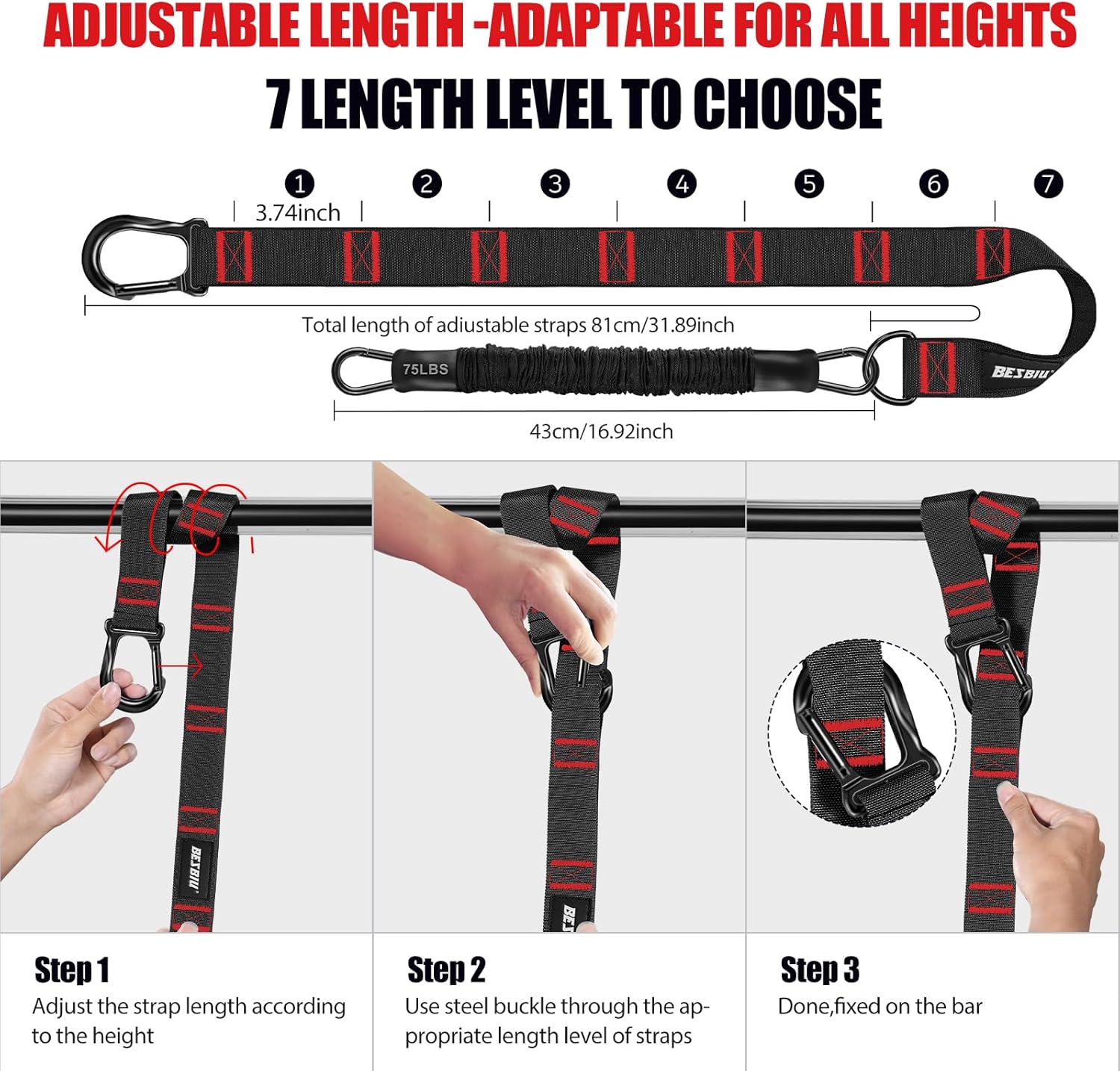 Pull Up Assistance Bands 260lbs, Heavy Pull Up Bands Resistance Bands for Pull Ups Working Out with Feet Rest, Pull Up Bar Bands Assistance Bands Strength Training Workout Equipment, Height Adjustable - Image 2