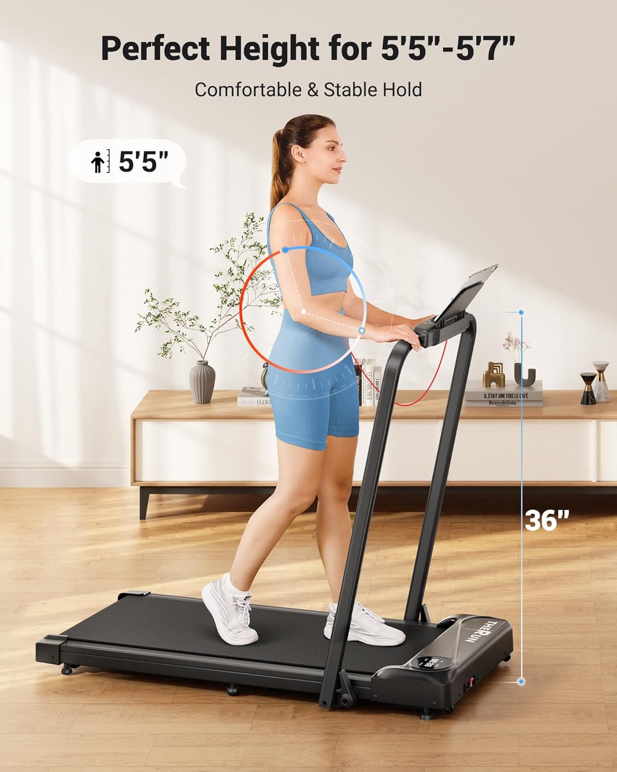 THERUN Walking Pad, 2 in 1 Foldable Treadmills for Home, 2.5HP Under Desk with Handle Bar, 16" Widened Running Belt, with Remote Control - Image 4