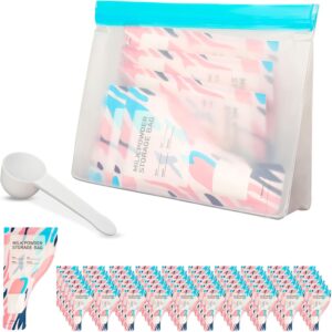 Protein Powder Travel Container Set – 60 Pre-Sealed Disposable Bags with Storage Pouch & Scoop | Leakproof Single-Use Design for Gym, Workouts, Travel | Mess-Free Supplement Storage Solution