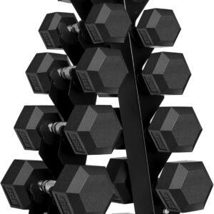 150 Pound Hex Dumbbell Set with Rubber Coated Dumbbells and Rack