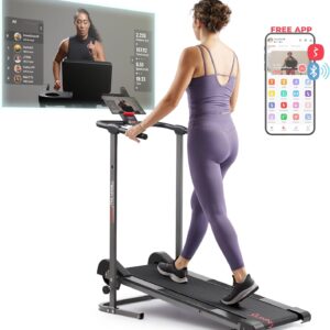 Sunny Health & Fitness Compact & Foldable Treadmill, Non-Slip Surface, Optional Dual Mode Walking/Running, Non-Electric Fixed Incline, Digital Monitor, Smart Bluetooth Connection with SunnyFit App