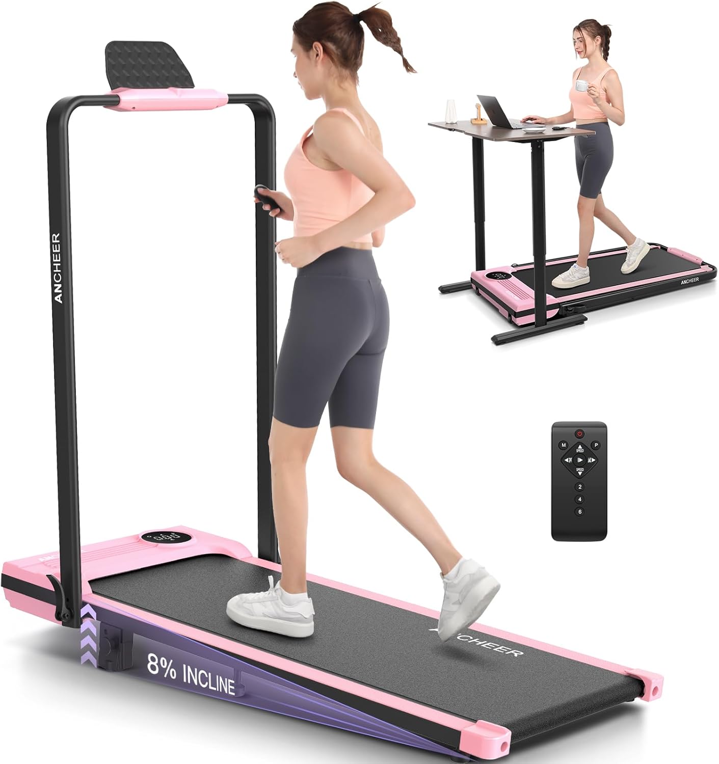 ANCHEER Walking Pad Treadmill with Incline and Handle Bar - Under Desk Treadmill 4 in 1 Folding Treadmills for Home Office/LED Display/Dual Control/12 Preset Programs