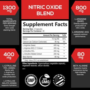 Extra Strength Nitric Oxide Supplement 3X Strength L Arginine, Citrulline Malate, AAKG, Beta Alanine – Premium Muscle Supporting Nitric Booster – Natural Energy & Heart Health Support – 60 Capsules