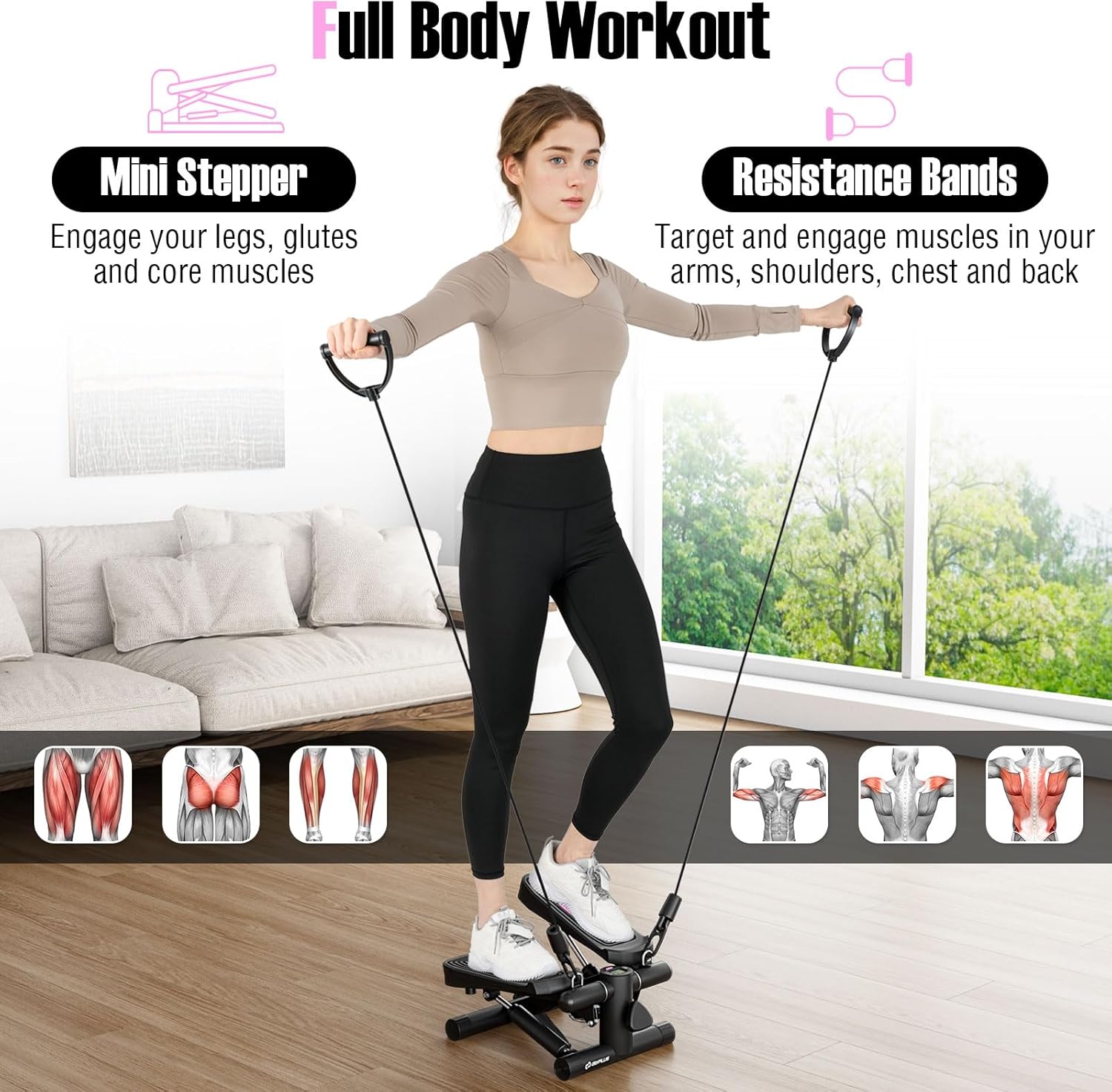 Goplus Steppers for Exercise at Home, Intensity Adjustable Hydraulic Mini Stepper w/Resistance Bands & LCD Monitor, Quiet & Portable Small Cardio Exercise Machine for Home Office or Under Desk - Image 2