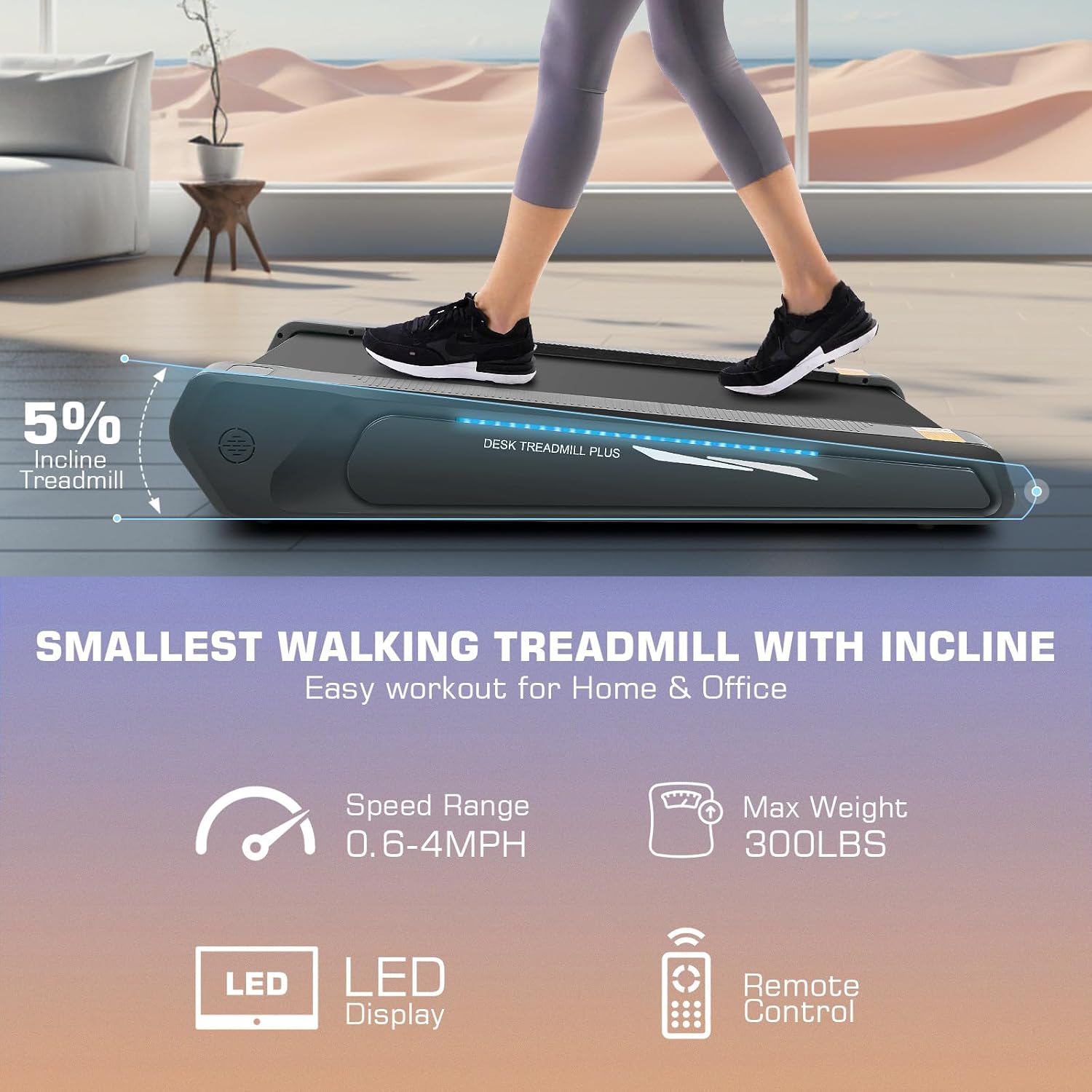 FUNMILY Walking Pad Treadmill with 5% Incline, 2.5HP Smallest Under Desk Treadmill for Home Office, Compact Walking Treadmill 300lbs Weight Capacity/Remote Control/Lighting Design - Image 4