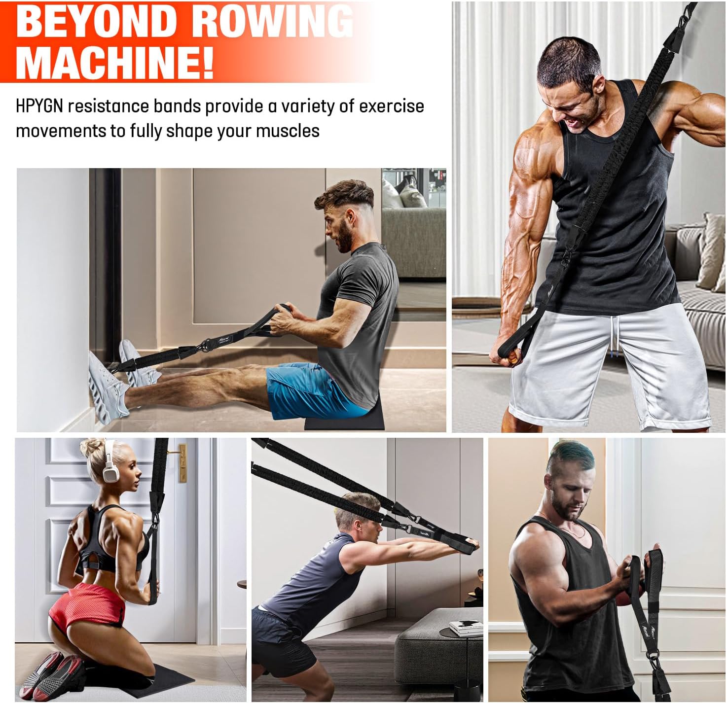 HPYGN Rowing Resistance Bands, Best Replacement for Rowing Machine, Home Gym Workout Equipment for Arms, Shoulders, Core, Back, Glutes and Legs, Rowing Workout, Cardio, Low-Impact, Portable Home Gym - Image 6